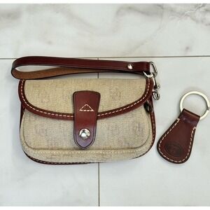 Dooney & Bourke Beige Denim Canvas Logo Flap Wristlet Removable Strap & Key Ring